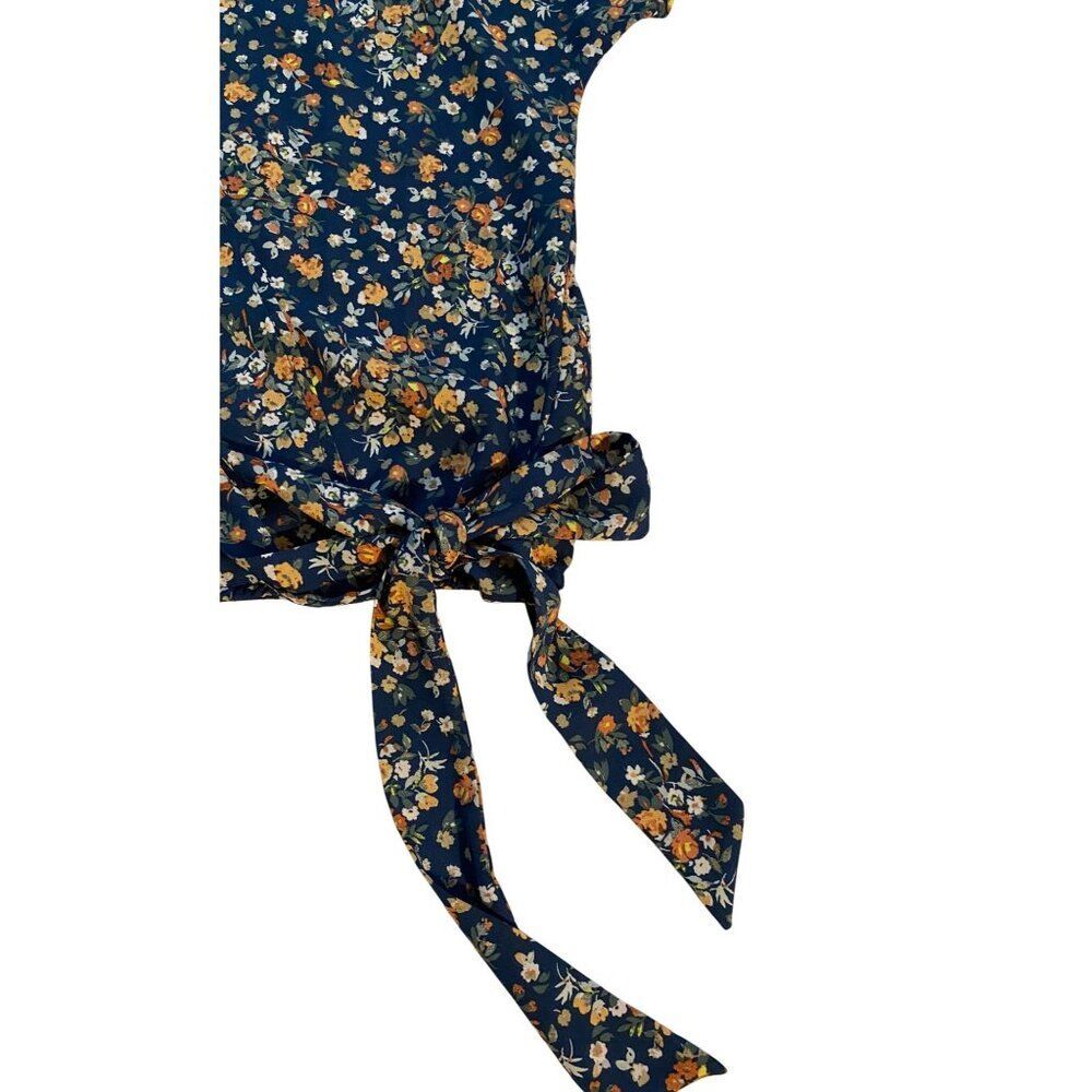 West K Top Women's XL Blue Floral Print Short Sleeve Faux Wrap Boho Peasant Boxy - Picture 13 of 16